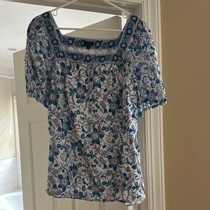 Talbots Blue and White Ruffled Blouse with Bib Collar